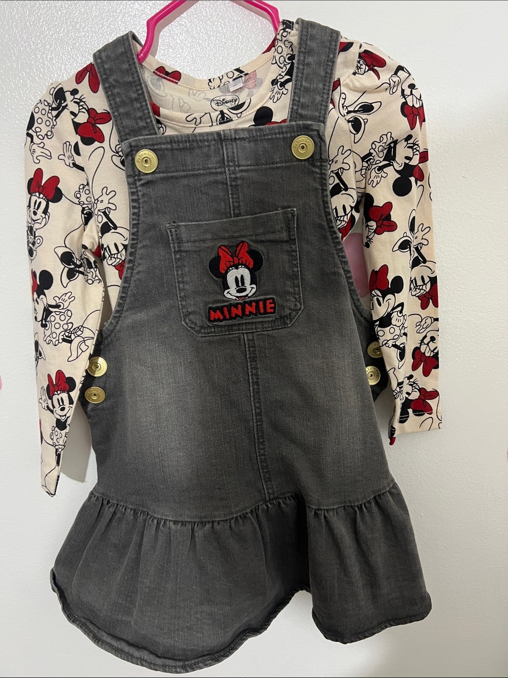 Disney Gray Denim Minnie Overalls Dress with Embroidered Pocket